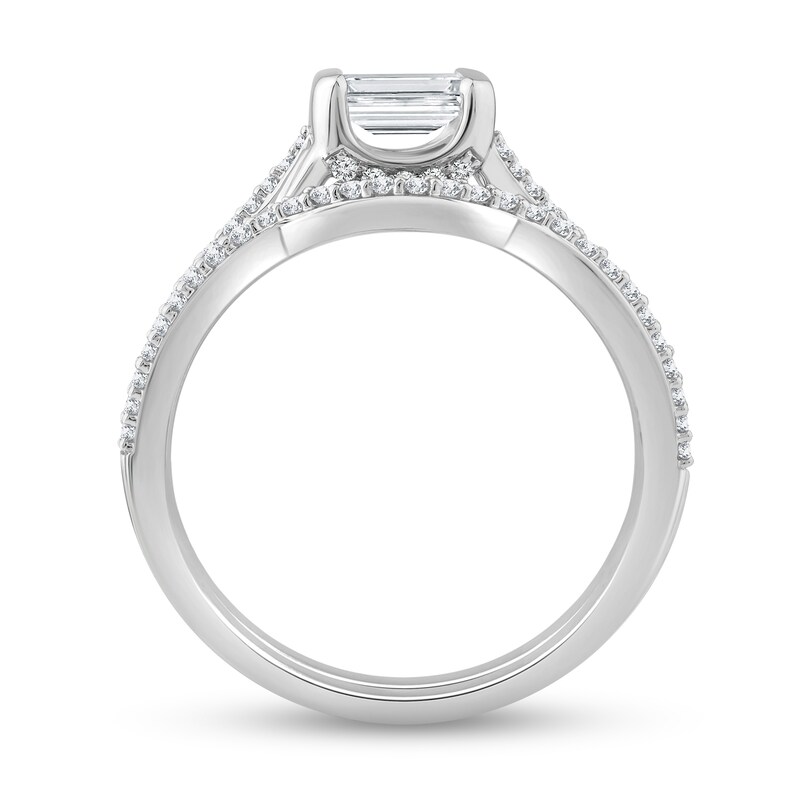 Main Image 4 of 3/4 CT. T.W. Emerald-Cut Diamond Sideways Bridal Set in 10K White Gold
