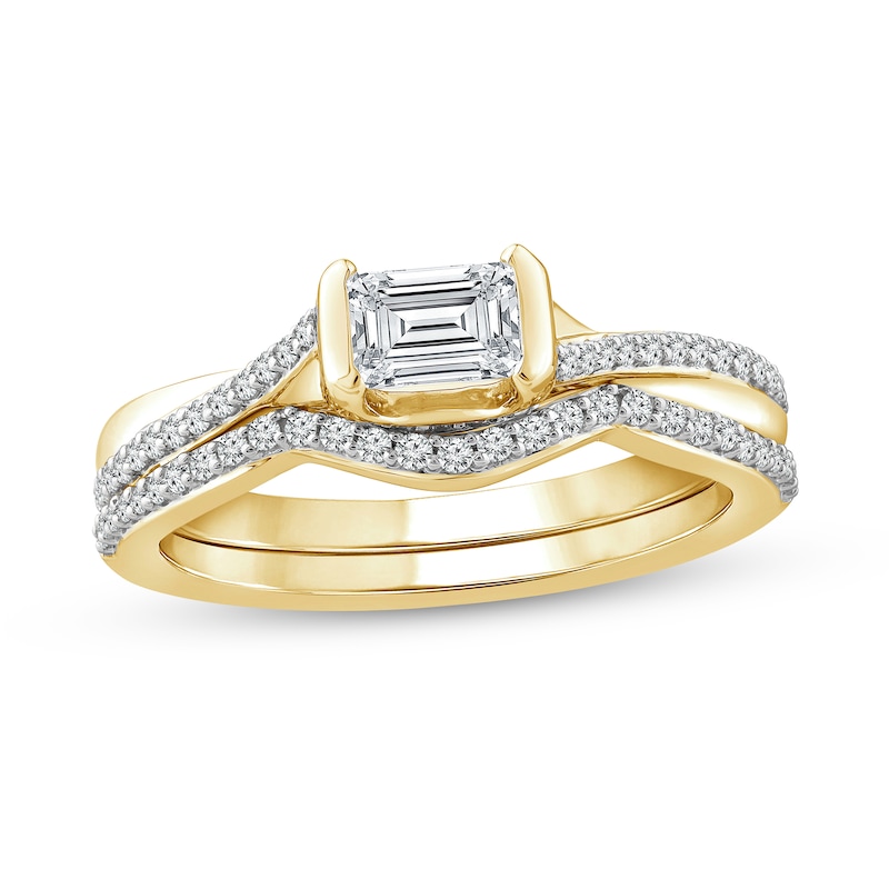 Main Image 1 of 3/4 CT. T.W. Emerald-Cut Diamond Sideways Bridal Set in 10K Gold