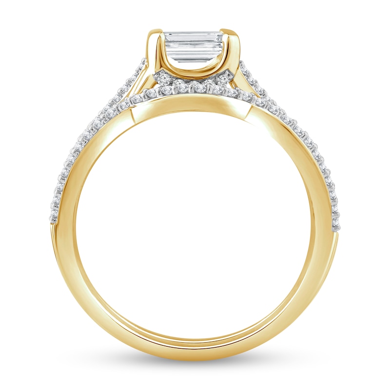 Main Image 3 of 3/4 CT. T.W. Emerald-Cut Diamond Sideways Bridal Set in 10K Gold