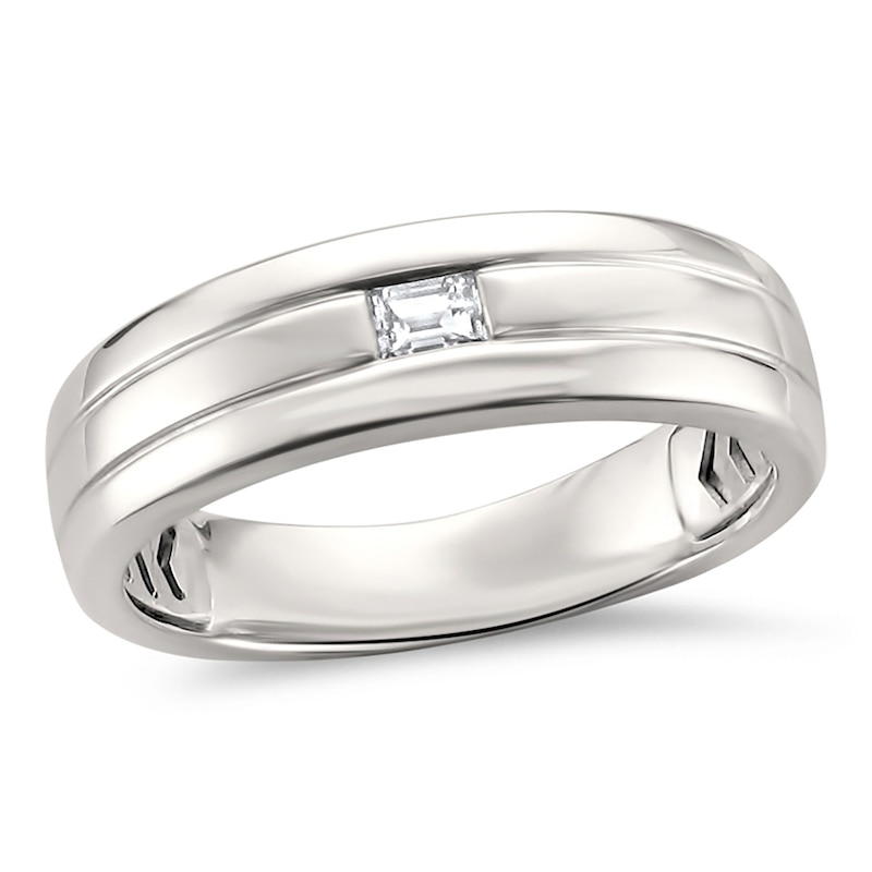 Main Image 1 of 1/8 CT. Baguette Diamond Solitaire Grooved Band in 14K White Gold