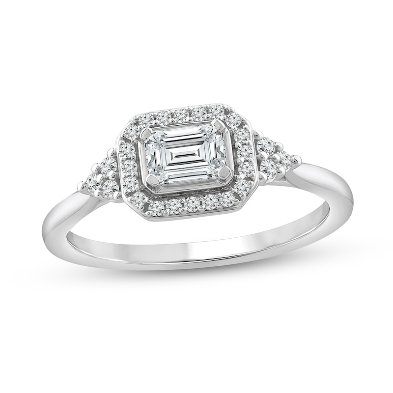 Main Image 1 of 5/8 CT. T.W. Emerald-Cut Diamond Sideways Frame Tri-Sides Ring in 10K White Gold