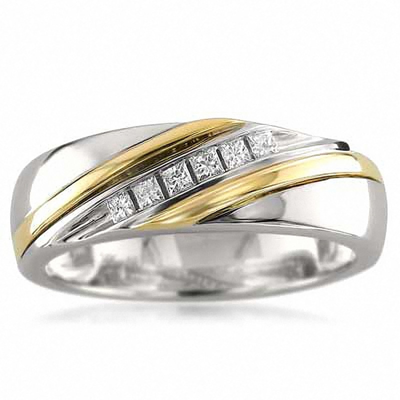 Men's 1/5 CT. T.W. Square-Cut Diamond Slant Band in 14K Two-Tone Gold