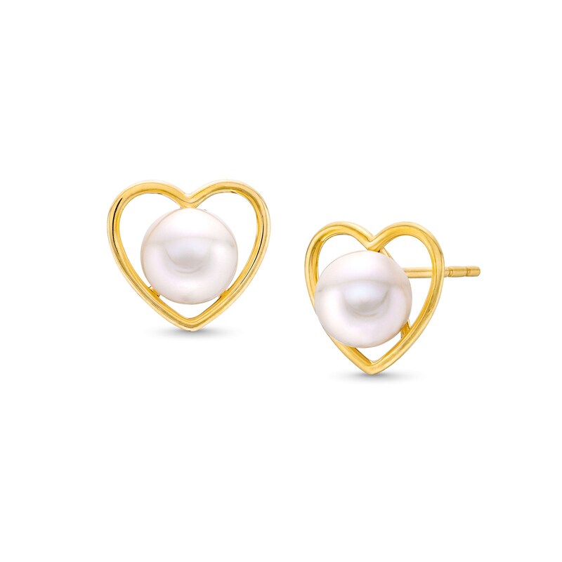 6.0-6.5mm Cultured Freshwater Pearl Heart Wire Stud Earrings in 10K Gold