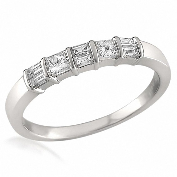 1/3 CT. T.w. Baguette and Princess-Cut Diamond Alternating Band in 14K White Gold