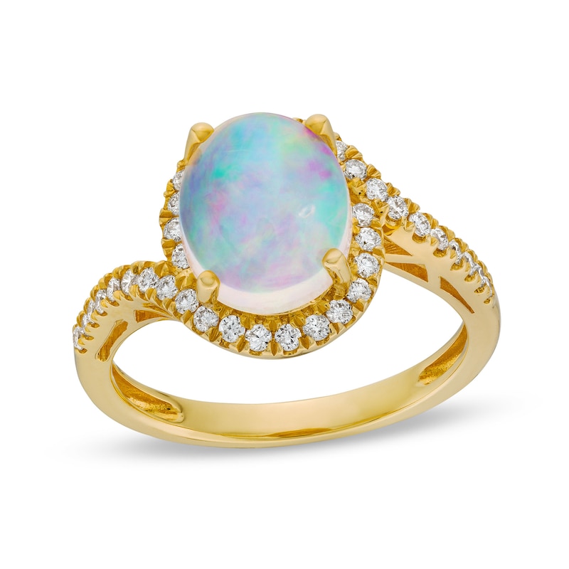 Oval Opal and 1/3 CT. T.W. Diamond Swirl Bypass Frame Ring in 10K Gold