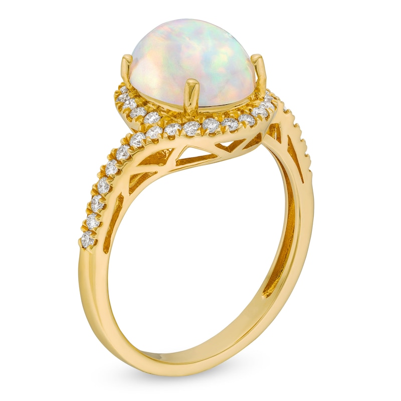 Oval Opal and 1/3 CT. T.W. Diamond Swirl Bypass Frame Ring in 10K Gold