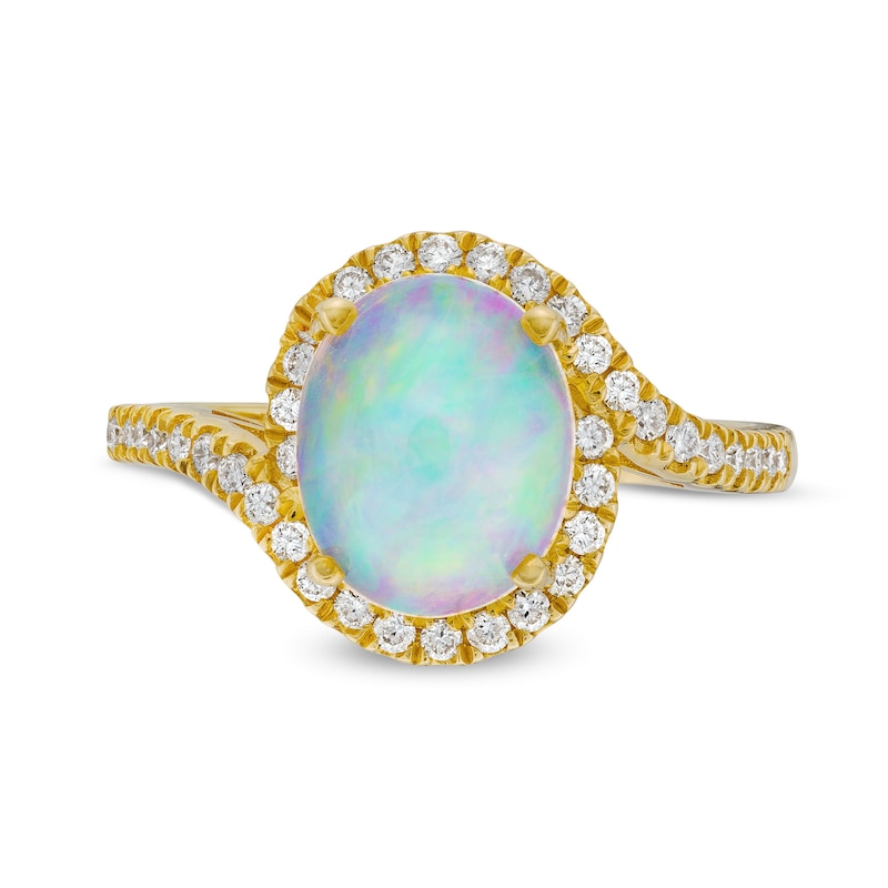 Oval Opal and 1/3 CT. T.W. Diamond Swirl Bypass Frame Ring in 10K Gold