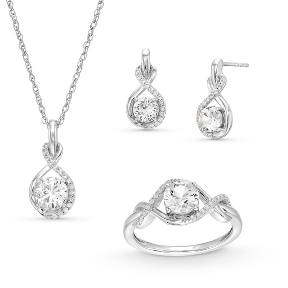 White Lab-Created Sapphire Infinity Ribbon Pendant, Ring and Drop Earrings Set in Sterling Silver
