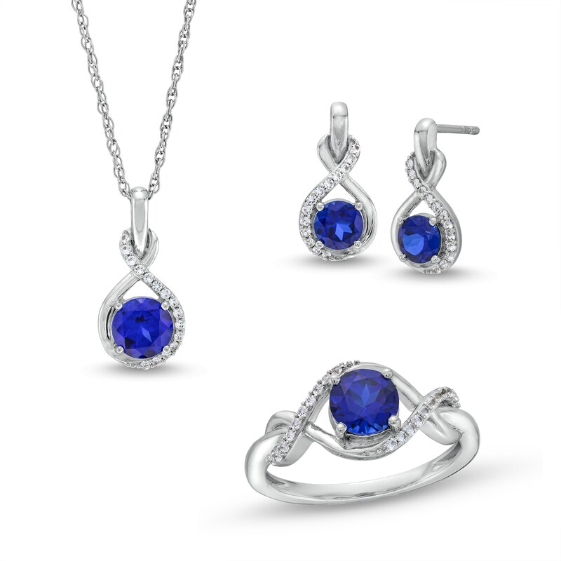 Main Image 1 of Blue Lab-Created Sapphire and White Lab-Created Sapphire Infinity Pendant, Earrings and Ring Set in Sterling Silver