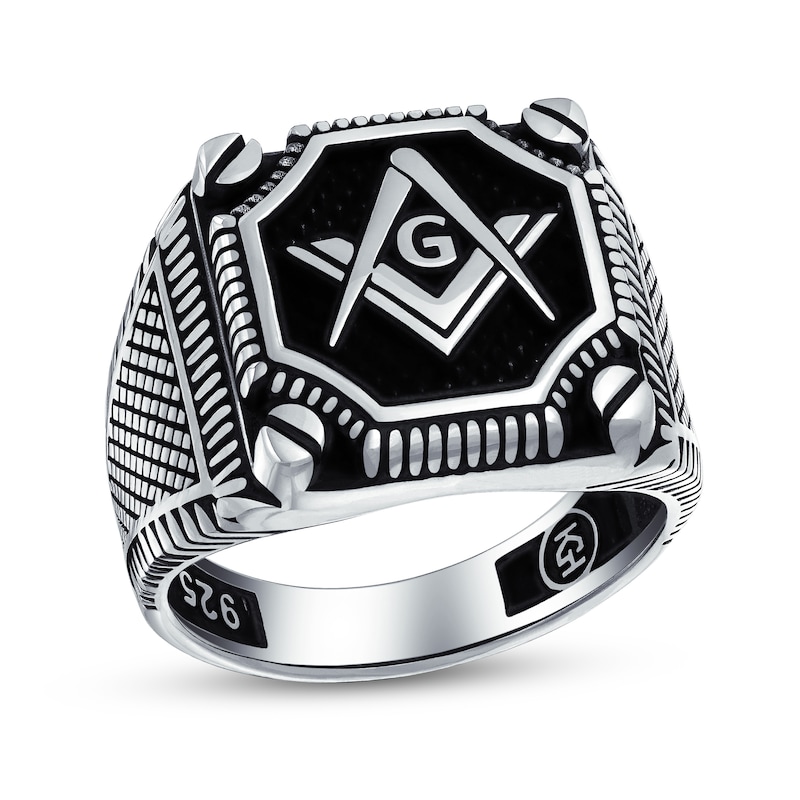 Main Image 1 of Men's Textured Masonic Ring in Oxidized Sterling Silver