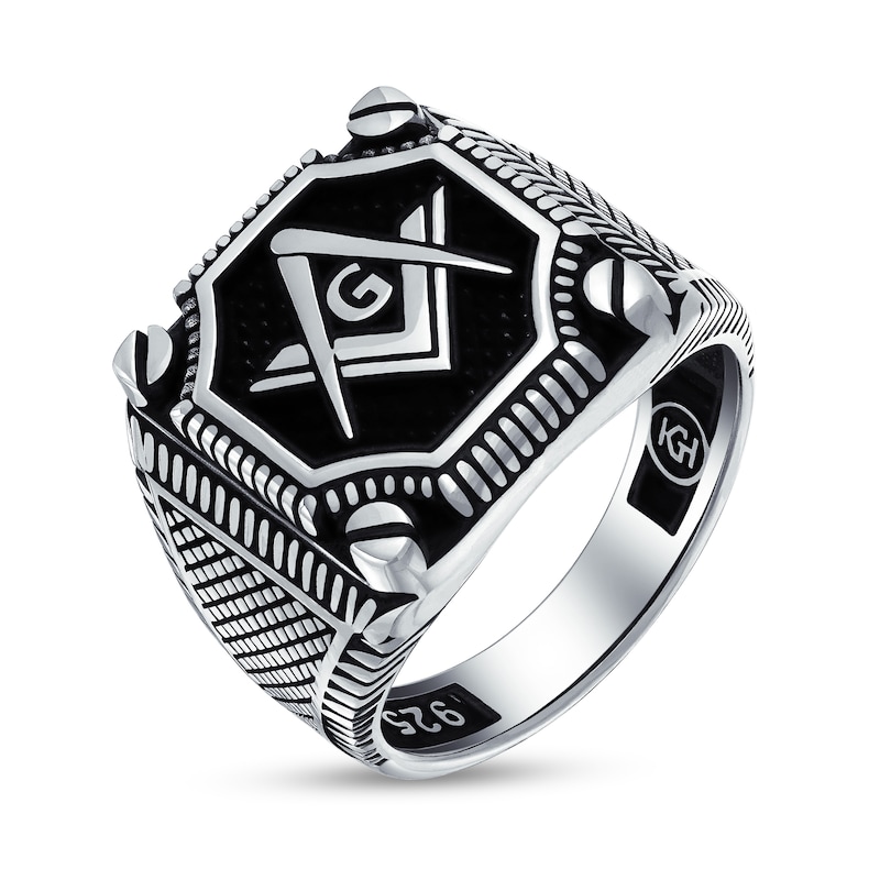 Main Image 2 of Men's Textured Masonic Ring in Oxidized Sterling Silver