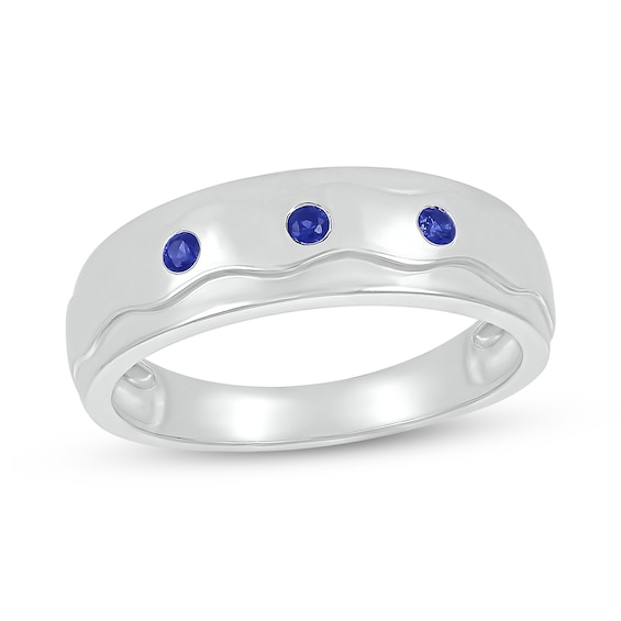 Blue Lab-Created Sapphire Raised Wavy Three Stone Ring in 10K White Gold
