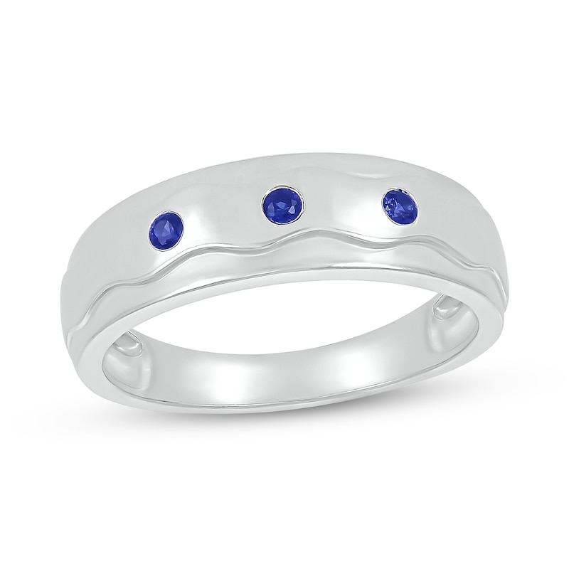 Main Image 1 of Blue Lab-Created Sapphire Raised Wavy Three Stone Ring in 10K White Gold