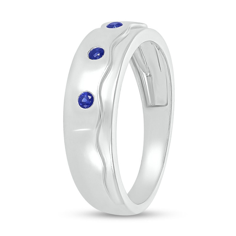 Main Image 2 of Blue Lab-Created Sapphire Raised Wavy Three Stone Ring in 10K White Gold