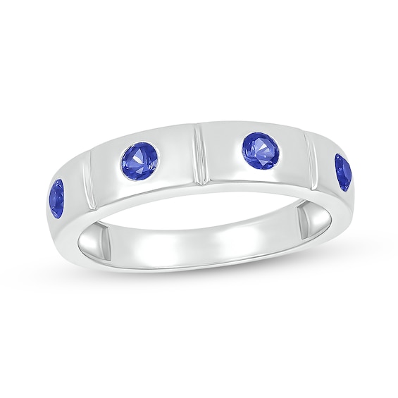Blue Lab-Created Sapphire Station Ring in 10K White Gold