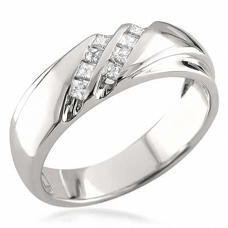 Main Image 1 of 1/5 CT. T.W. Square-Cut Diamond Slant Double Row Band in 14K White Gold