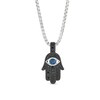 Thumbnail Image 1 of Vera Wang Men 1/2 CT. T.W. Black Diamond and Ceylon Blue Sapphire Hamsa Pendant in Two-Tone Sterling Silver - 22"