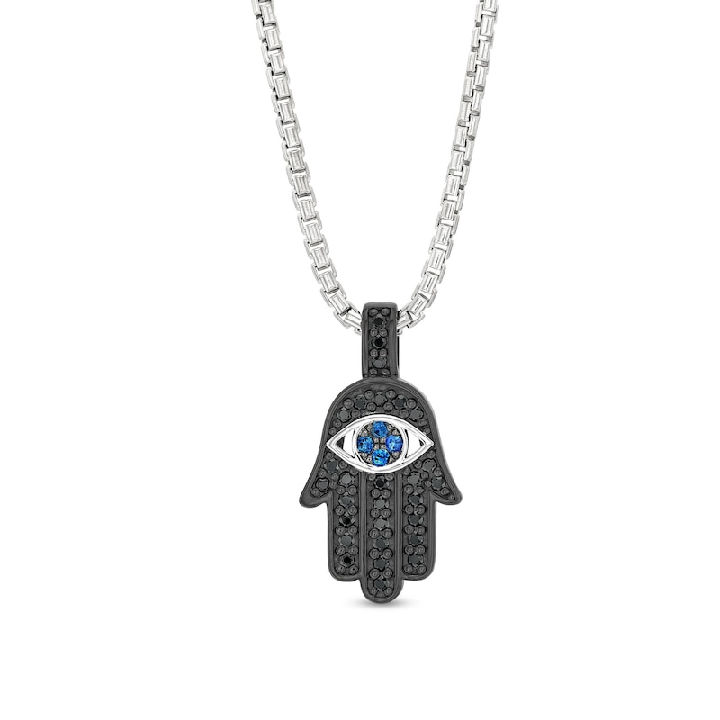 Main Image 1 of Vera Wang Men 1/2 CT. T.W. Black Diamond and Ceylon Blue Sapphire Hamsa Pendant in Two-Tone Sterling Silver - 22"