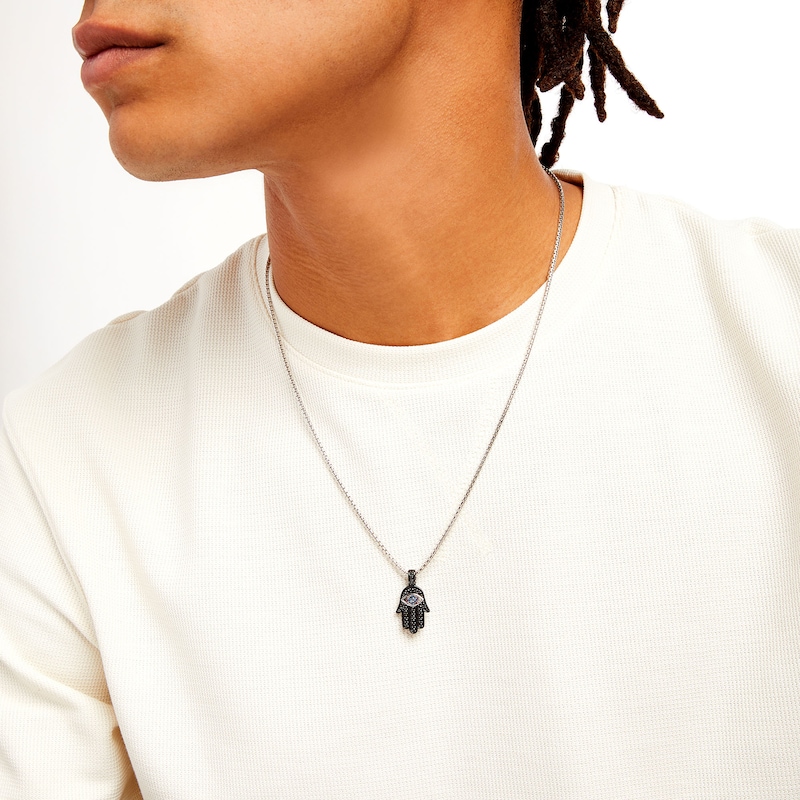 Main Image 2 of Vera Wang Men 1/2 CT. T.W. Black Diamond and Ceylon Blue Sapphire Hamsa Pendant in Two-Tone Sterling Silver - 22"
