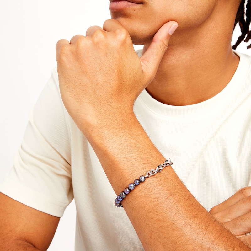 Main Image 2 of Vera Wang Men 7.0mm Black Freshwater Cultured Pearl Anchor Chain Reversible Bracelet in Sterling Silver-8.5"