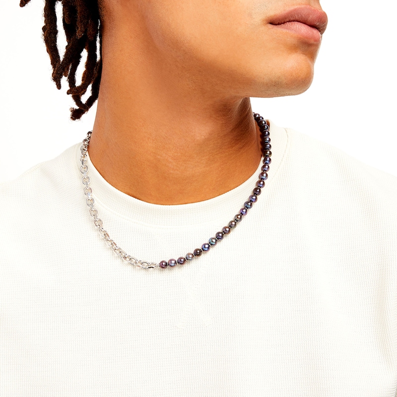 Main Image 2 of Vera Wang Men 7.0mm Black Freshwater Cultured Pearl Anchor Chain Reversible Necklace in Sterling Silver-20"
