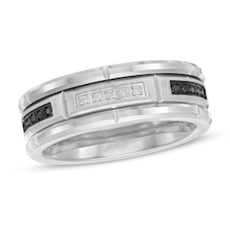 1/8 CT. T.W. Black and White Diamond Brick Pattern Engravable Wedding Band in Tungsten and Black IP (1 Line)