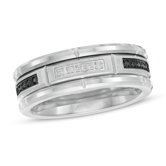 1/8 CT. T.w. Black and White Diamond Brick Pattern Engravable Wedding Band in Tungsten and Black IP (1 Line)