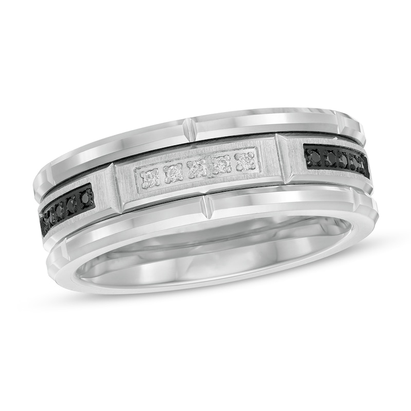 Main Image 1 of 1/8 CT. T.W. Black and White Diamond Brick Pattern Engravable Wedding Band in Tungsten and Black IP (1 Line)