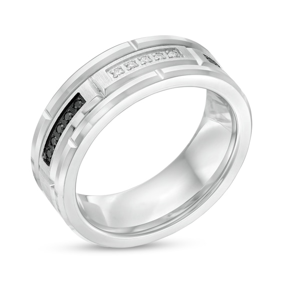 1/8 CT. T.w. Black and White Diamond Brick Pattern Engravable Wedding Band in Tungsten and Black IP (1 Line)