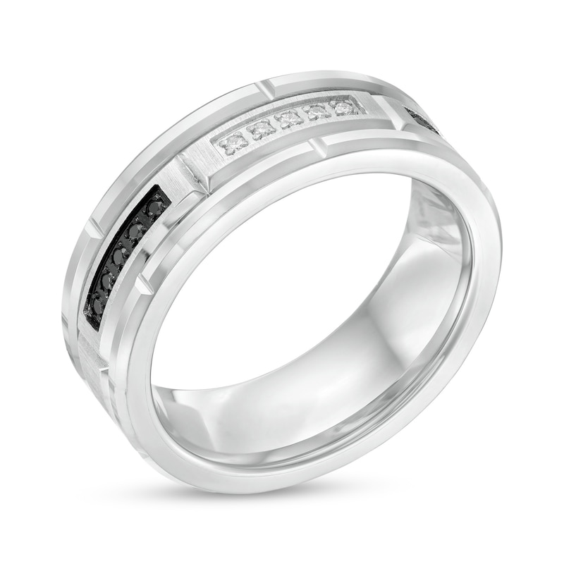 Main Image 3 of 1/8 CT. T.W. Black and White Diamond Brick Pattern Engravable Wedding Band in Tungsten and Black IP (1 Line)