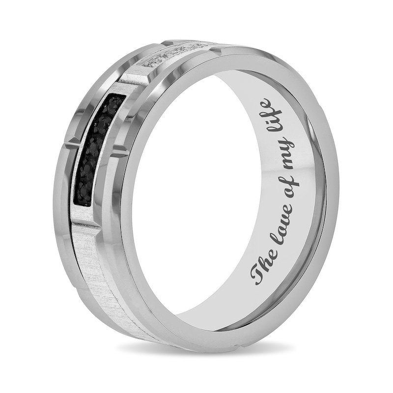 Main Image 4 of 1/8 CT. T.W. Black and White Diamond Brick Pattern Engravable Wedding Band in Tungsten and Black IP (1 Line)