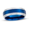 Thumbnail Image 1 of 8.0mm Double Stepped Edge Comfort-Fit Engravable Wedding Band in Tungsten and Blue IP (1 Line)