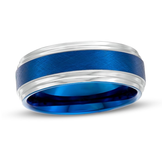 Men's 8.0mm Double Stepped Edge Comfort-Fit Engravable Wedding Band in Tungsten and Blue IP (1 Line)