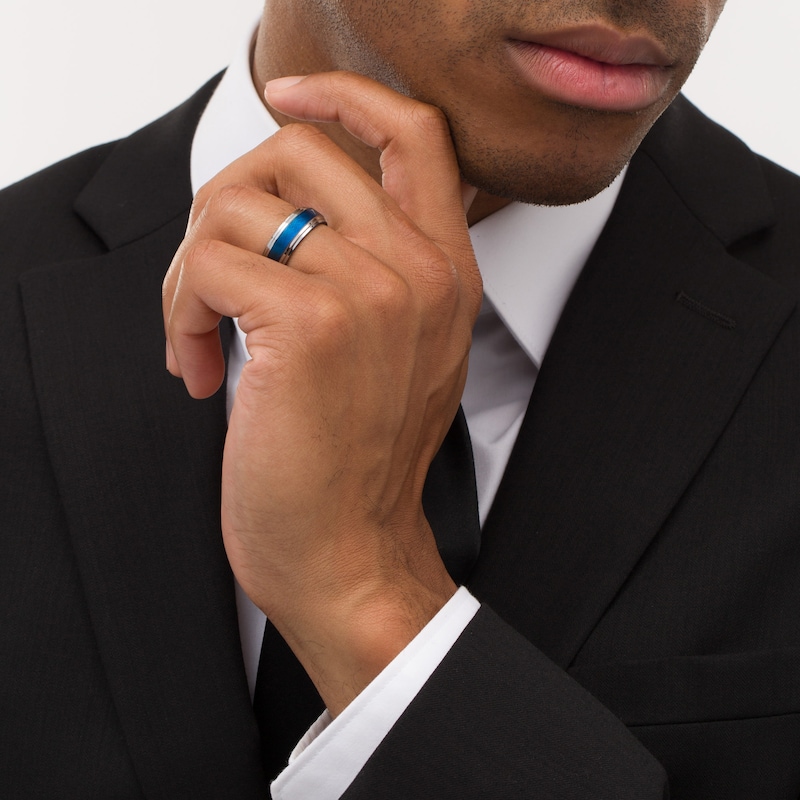 Main Image 2 of 8.0mm Double Stepped Edge Comfort-Fit Engravable Wedding Band in Tungsten and Blue IP (1 Line)