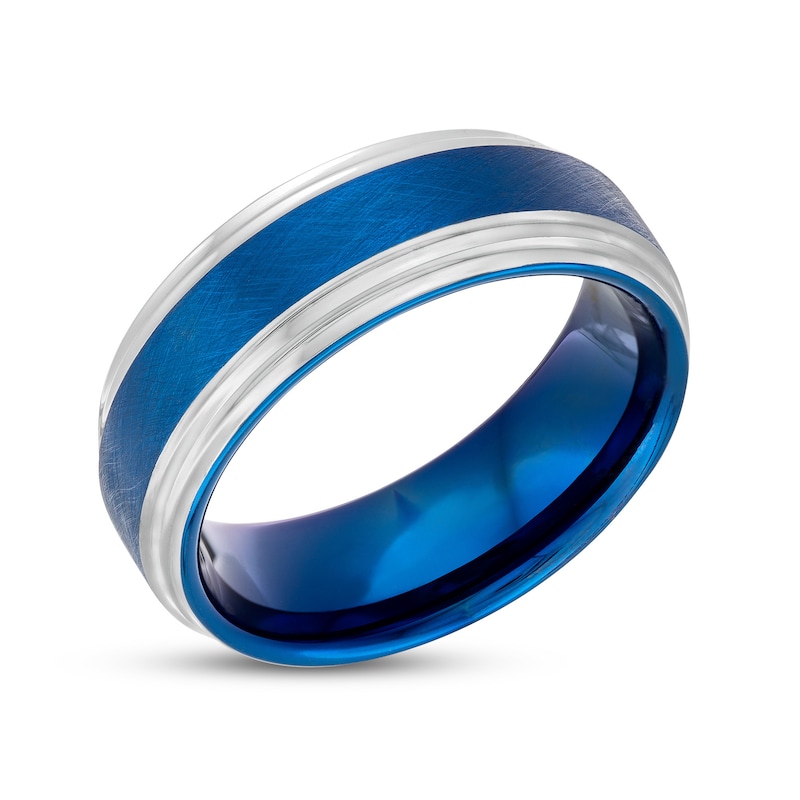Main Image 3 of 8.0mm Double Stepped Edge Comfort-Fit Engravable Wedding Band in Tungsten and Blue IP (1 Line)