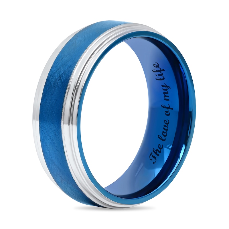 Main Image 4 of 8.0mm Double Stepped Edge Comfort-Fit Engravable Wedding Band in Tungsten and Blue IP (1 Line)