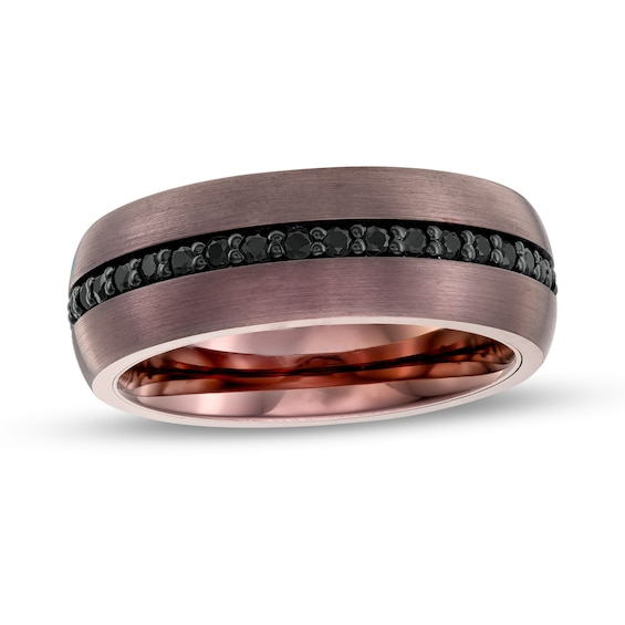 Men's Black Sapphire Inlay Brushed Low Dome Comfort-Fit Engravable Wedding Band in Tungsten with Brown IP (1 Line)