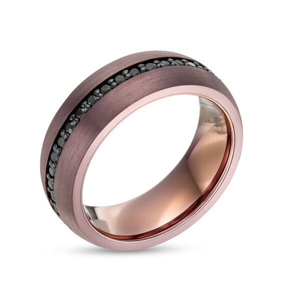 Black Sapphire Inlay Brushed Low Dome Comfort-Fit Engravable Wedding Band in Tungsten with Brown IP (1 Line)