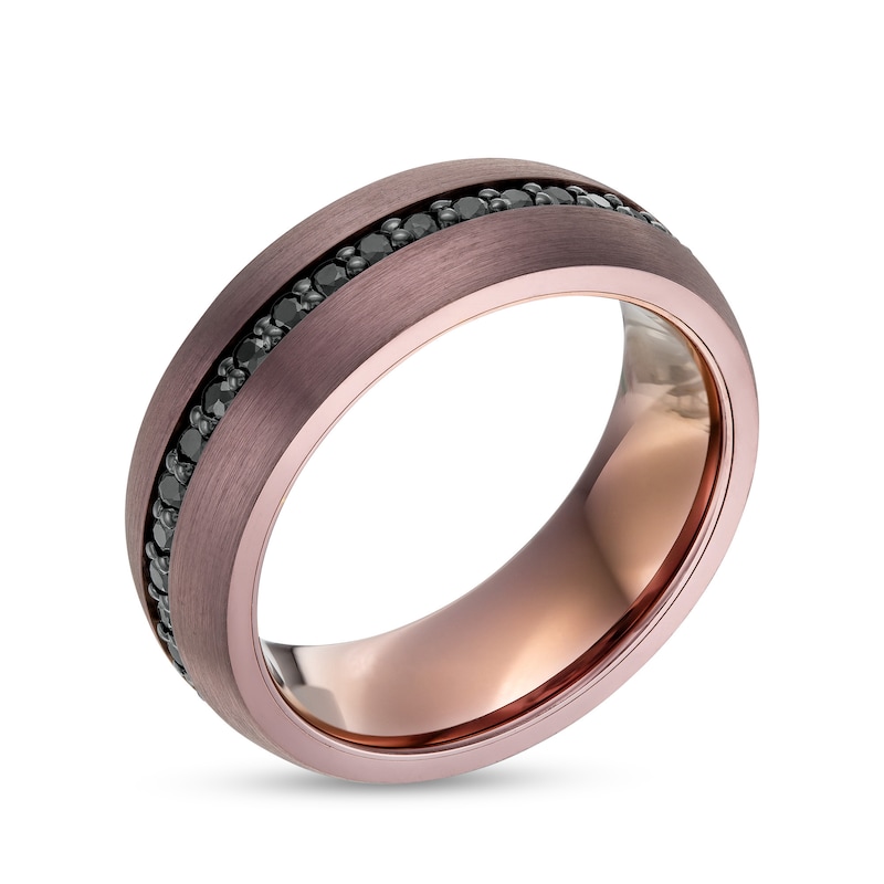 Main Image 3 of Black Sapphire Inlay Brushed Low Dome Comfort-Fit Engravable Wedding Band in Tungsten with Brown IP (1 Line)