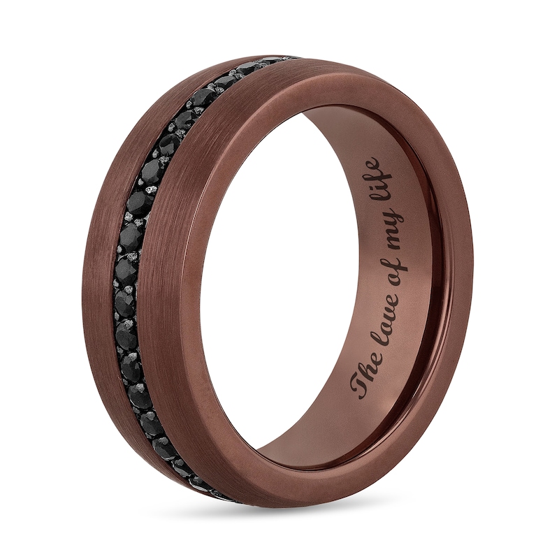 Main Image 4 of Black Sapphire Inlay Brushed Low Dome Comfort-Fit Engravable Wedding Band in Tungsten with Brown IP (1 Line)