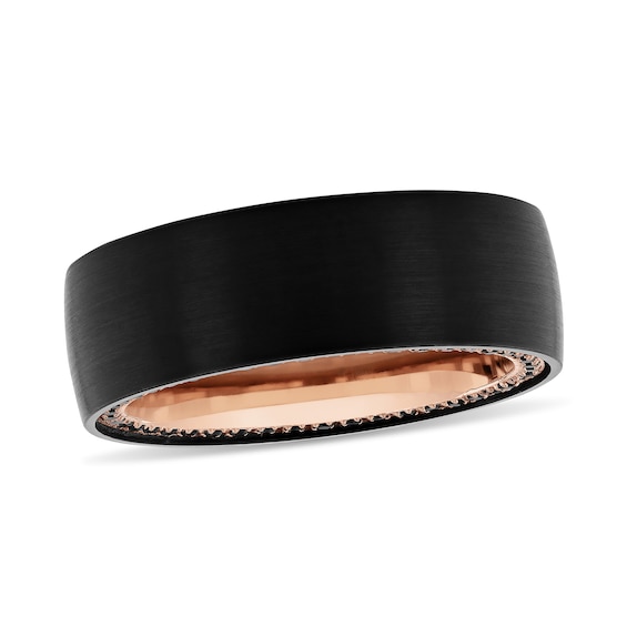 Black Sapphire Outer Edge Brushed Low Dome Engravable Wedding Band in Tungsten with Black and Rose IP (1 Line)