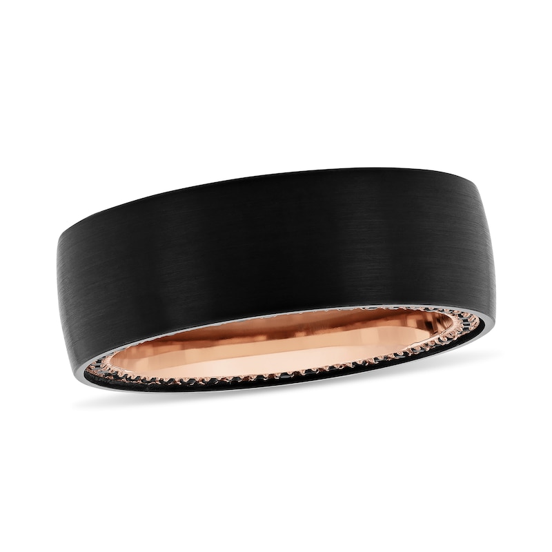 Main Image 1 of Black Sapphire Outer Edge Brushed Low Dome Engravable Wedding Band in Tungsten with Black and Rose IP (1 Line)