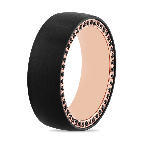 Black Sapphire Outer Edge Brushed Low Dome Engravable Wedding Band in Tungsten with Black and Rose IP (1 Line)