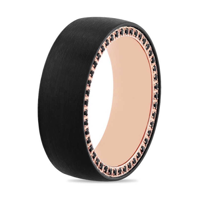 Main Image 3 of Black Sapphire Outer Edge Brushed Low Dome Engravable Wedding Band in Tungsten with Black and Rose IP (1 Line)