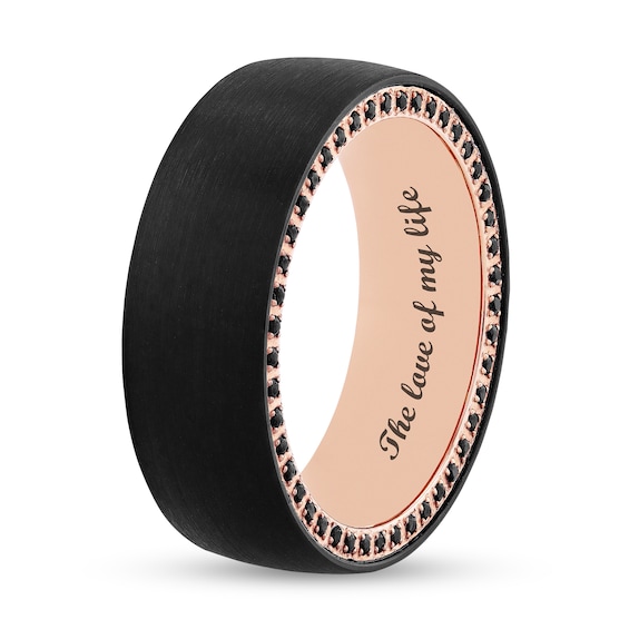 Black Sapphire Outer Edge Brushed Low Dome Engravable Wedding Band in Tungsten with Black and Rose IP (1 Line)