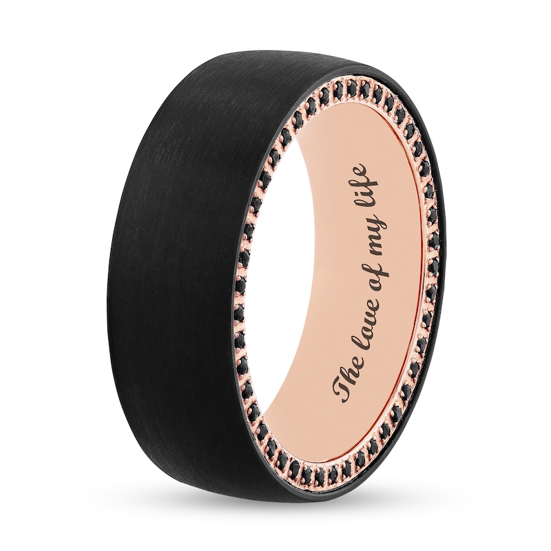 Main Image 4 of Black Sapphire Outer Edge Brushed Low Dome Engravable Wedding Band in Tungsten with Black and Rose IP (1 Line)