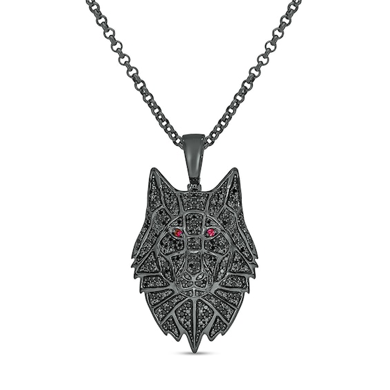 Men's 1 CT. T.w. Black Diamond and Lab-Created Ruby Wolf's Head Pendant in Sterling Silver with Black Rhodium