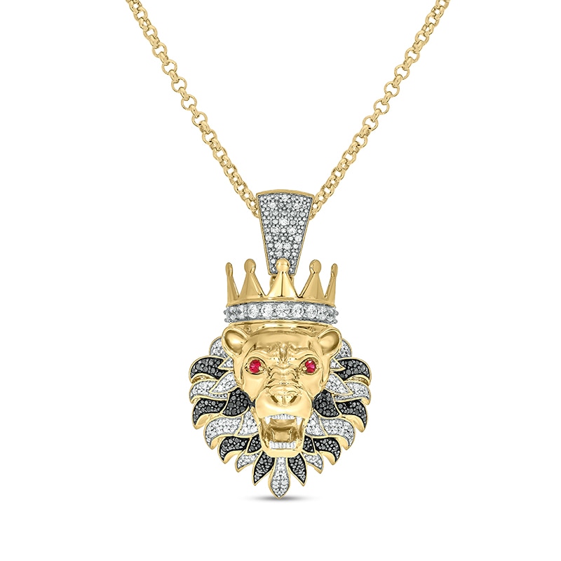 Main Image 1 of Men's 1 CT. T.W. Diamond and Lab-Created Ruby Lion's Head with Crown Pendant in Sterling Silver with 14K Gold Plate