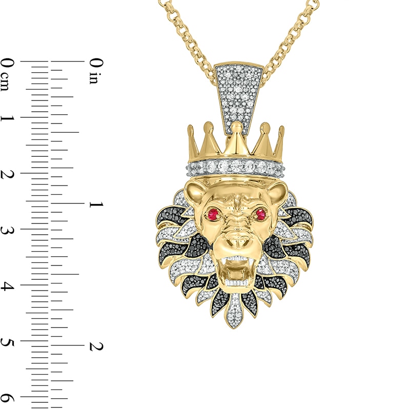 Main Image 2 of Men's 1 CT. T.W. Diamond and Lab-Created Ruby Lion's Head with Crown Pendant in Sterling Silver with 14K Gold Plate