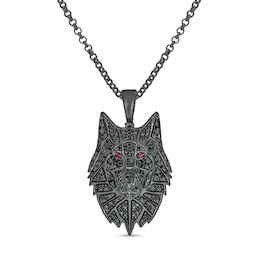 Men's 1 CT. T.W. Black Diamond and Lab-Created Ruby Wolf's Head Pendant in Sterling Silver with Black Rhodium